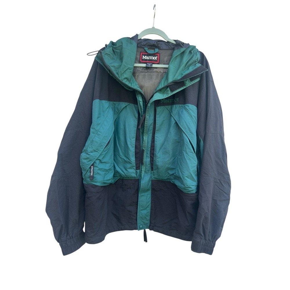 Vintage Marmot Mens Large Parka Jacket Hooded Full Zip Green Black 90s Outdoor